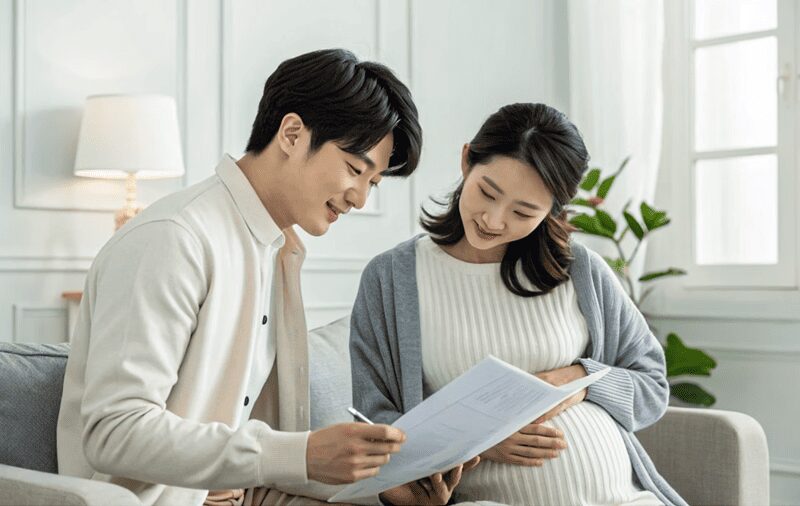 태아보험과 임신보험에 대해 상담받는 임신 초기 부부의 모습. 산모보험과 우체국 태아보험을 통해 건강한 출산과 임신질환 보장을 준비하는 장면입니다.