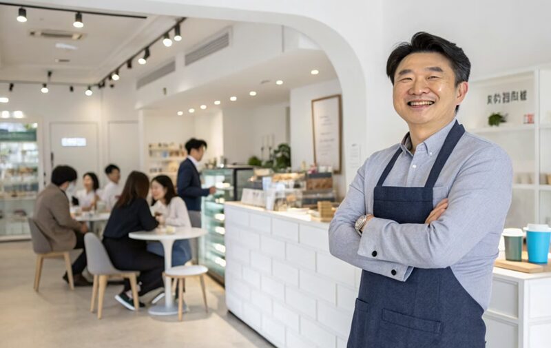 소상공인 고용보험료 지원을 통해 고용보험 가입 후 안정적으로 카페를 운영하며 미소 짓는 사장님 모습