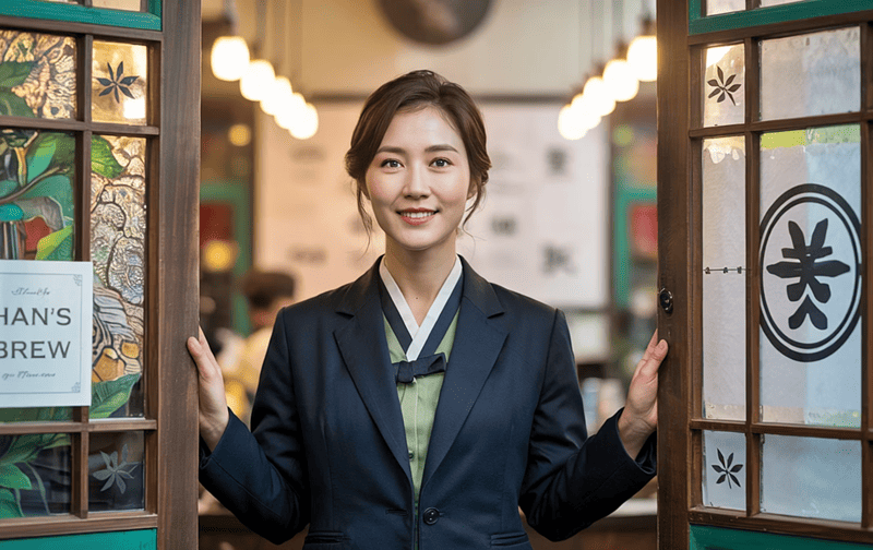 소상공인 지원사업에 참여한 독립유공자 후손 보훈 소상공인이 가게 문을 열며 환영하는 모습