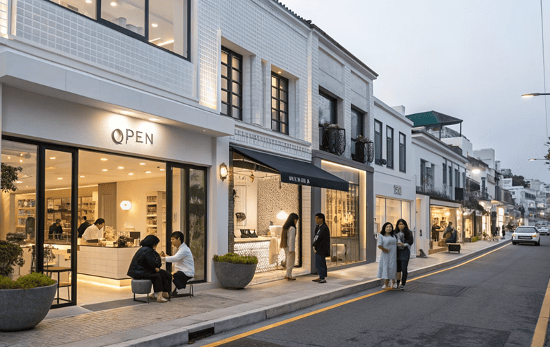 충청남도 소상공인이 운영하는 상가 거리, 다양한 상점들이 줄지어 있는 모습
