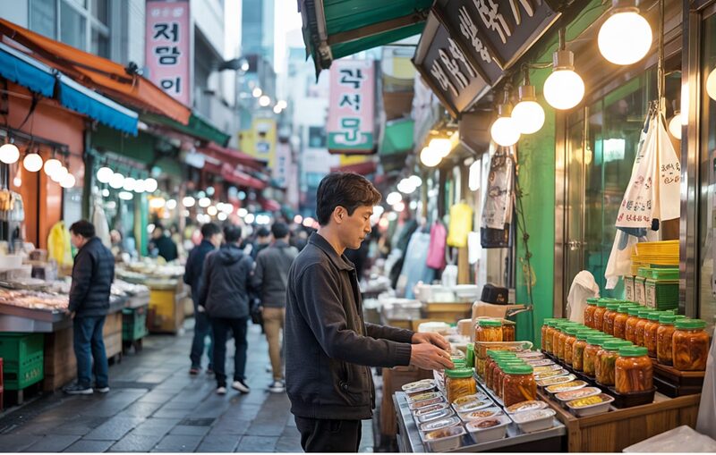 전통시장 골목에서 창업을 준비하는 청년 상인의 가게 진열 장면