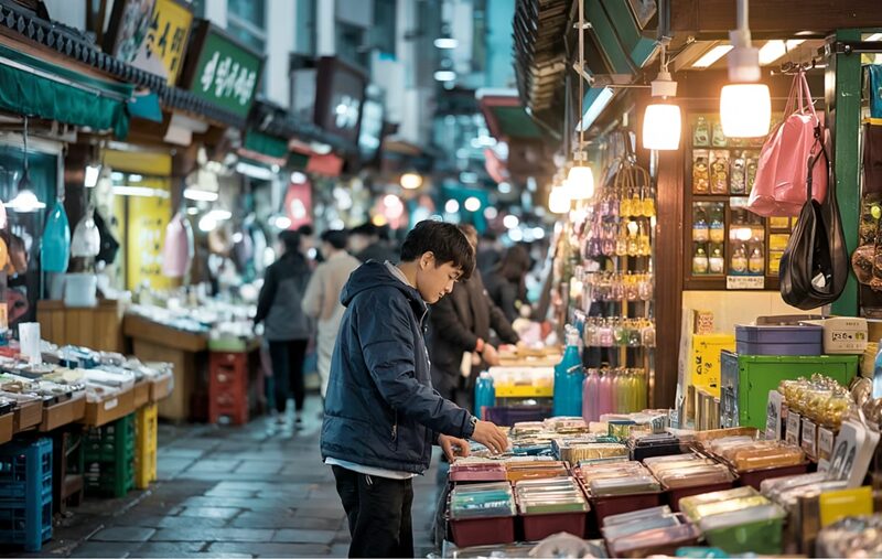 서울 전통시장 골목에서 가게 오픈 준비하는 청년 창업자 사진