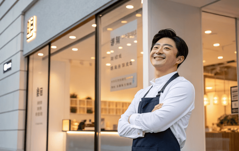 충청남도 소상공인 경영정상화 자금지원 신청을 준비하는 남성 소상공인, 매장 앞에서 미소 짓는 모습